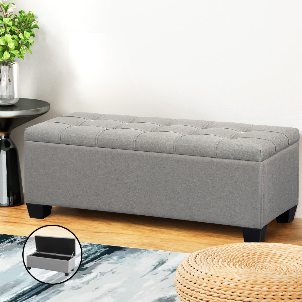 Artiss Storage Ottoman Blanket Box 97cm Button Linen Grey 7