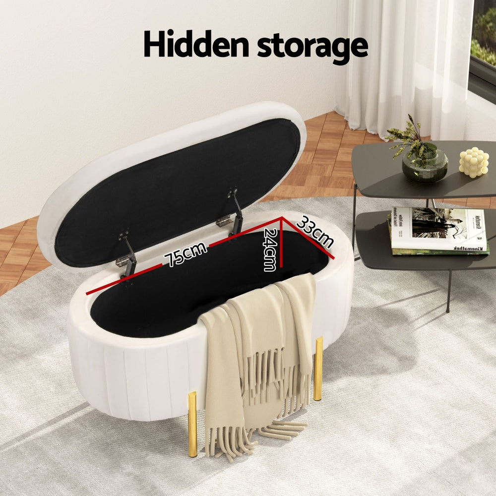 Artiss Storage Ottoman Blanket Box 87cm Velvet Oval White 5
