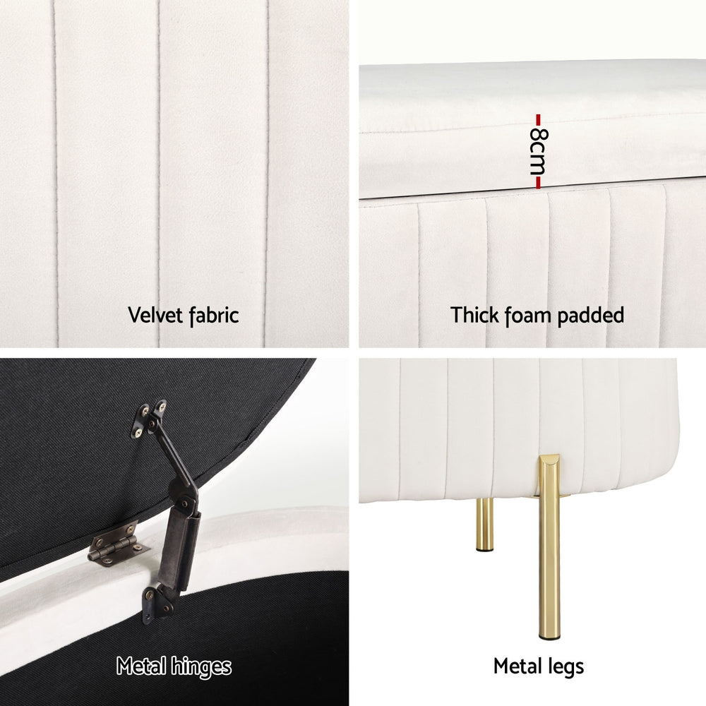 Artiss Storage Ottoman Blanket Box 87cm Velvet Oval White 6