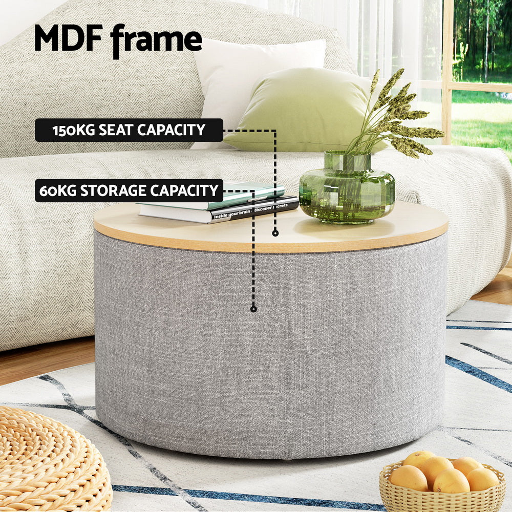 Artiss Storage Ottoman Blanket Box 60cm Linen Round Grey 4