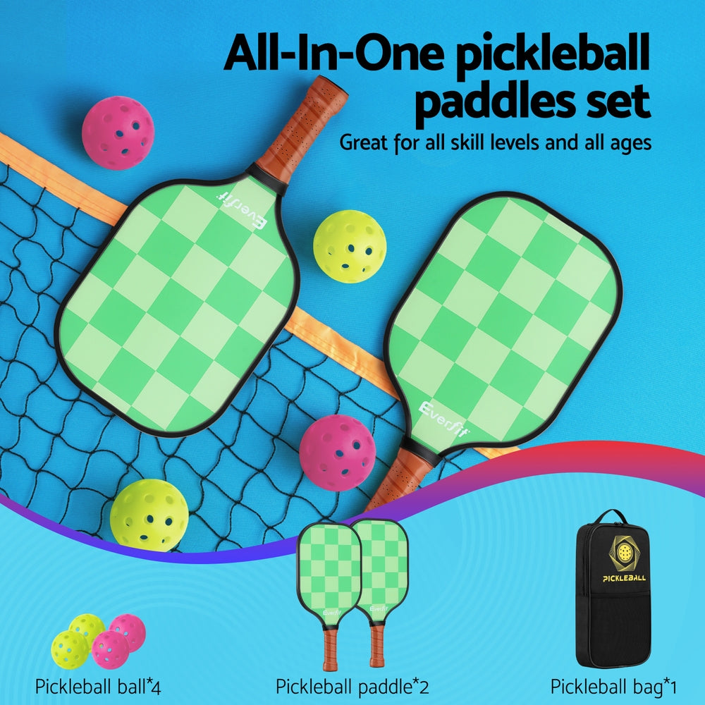 Everfit Pickleball Paddle Set Fiberglass with Balls Bag Tournament Kit 2PCS Pickle Balls Rackets 4