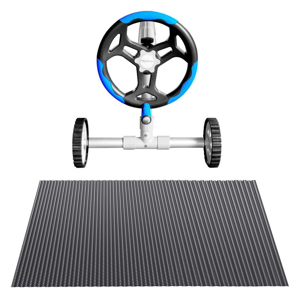 Aqua Buddy Pool Cover 600 Micron 8.5x4.2m w/ Blue Roller 5.55m Black Solar Blanket 3