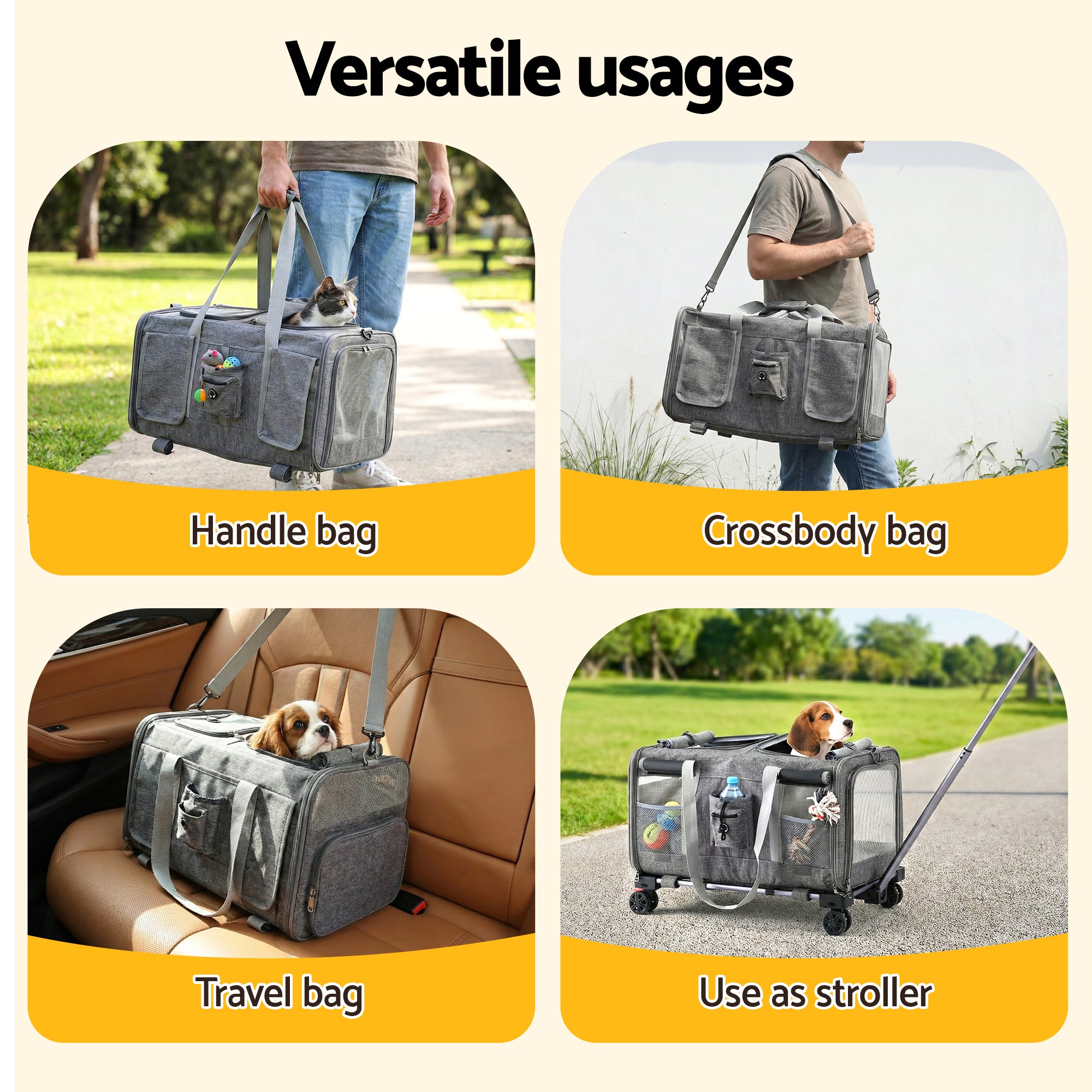 i.Pet Pet Carrier Swivel Wheels Foldable Cat Dog Trolley Stroller Travel Bag Grey 5