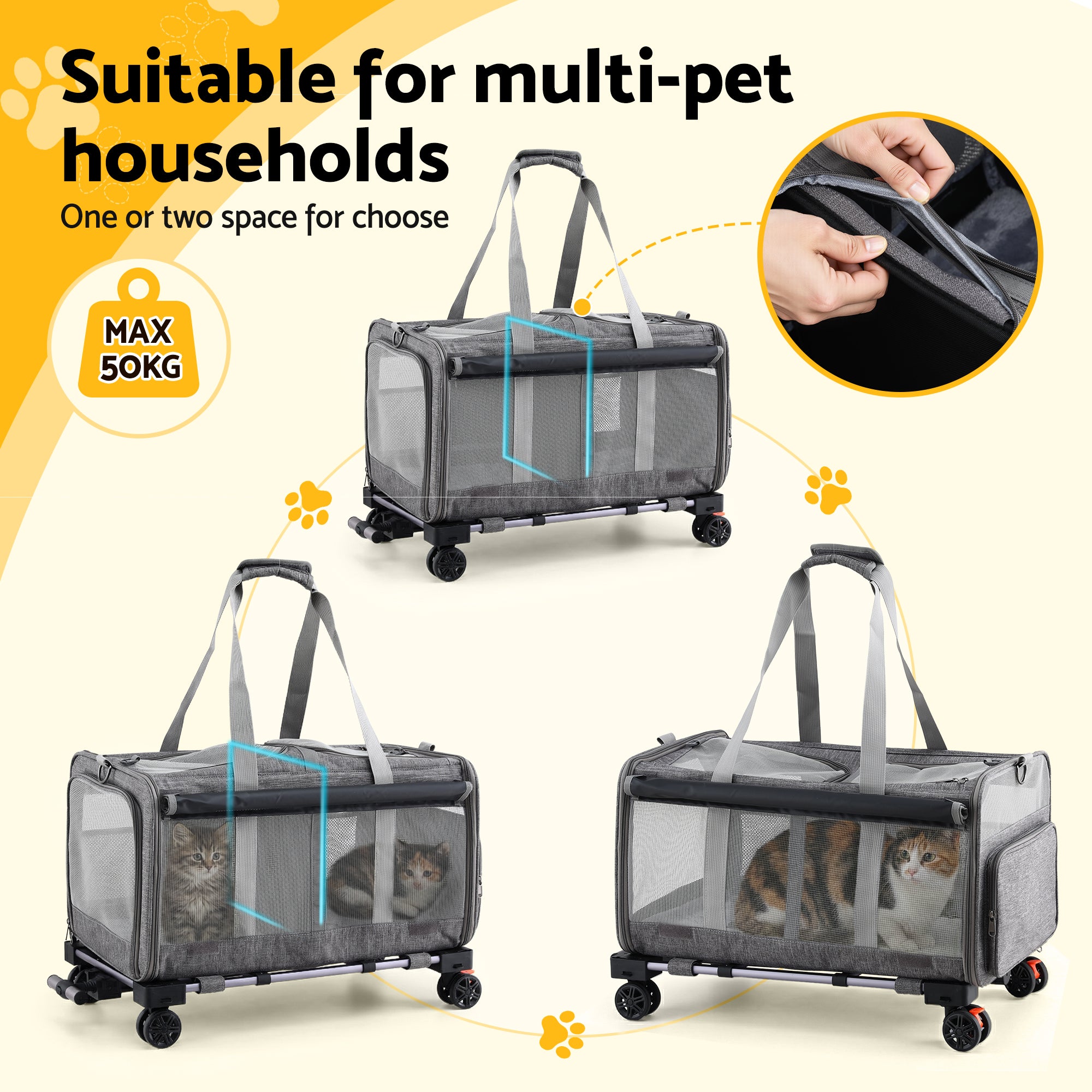 i.Pet Pet Carrier Swivel Wheels Foldable Cat Dog Trolley Stroller Travel Bag Grey 6