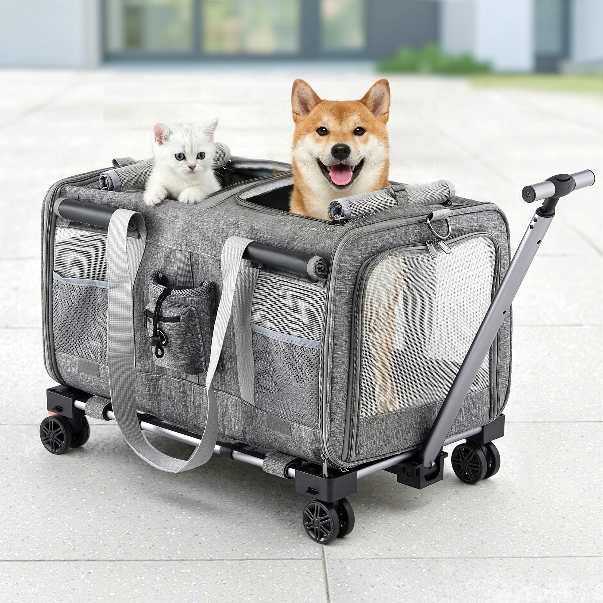 i.Pet Pet Carrier Swivel Wheels Foldable Cat Dog Trolley Stroller Travel Bag Grey 7