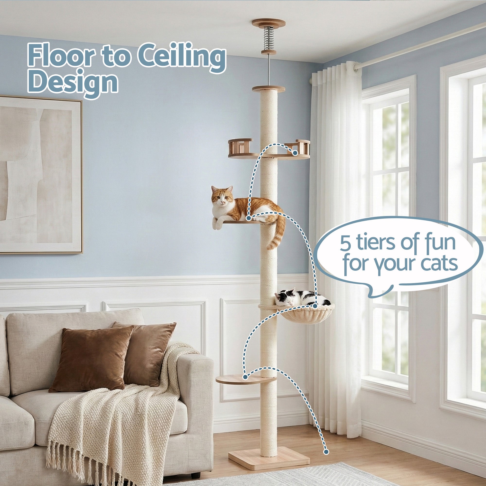 i.Pet Cat Tree Tower Floor to Ceiling Scratching Post 270cm Beige 4