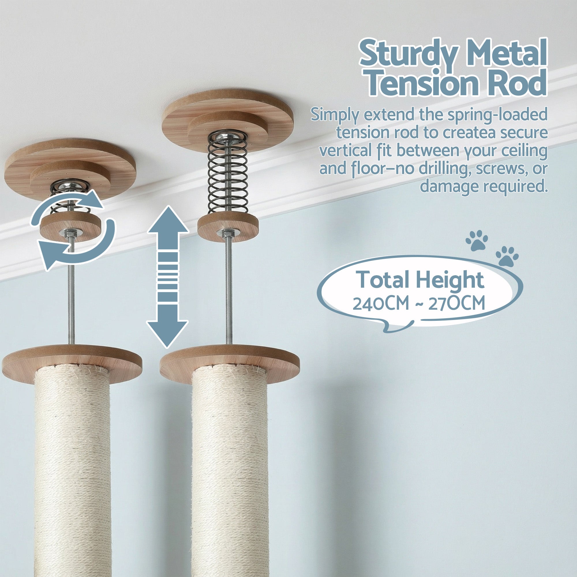 i.Pet Cat Tree Tower Floor to Ceiling Scratching Post 270cm Beige 5