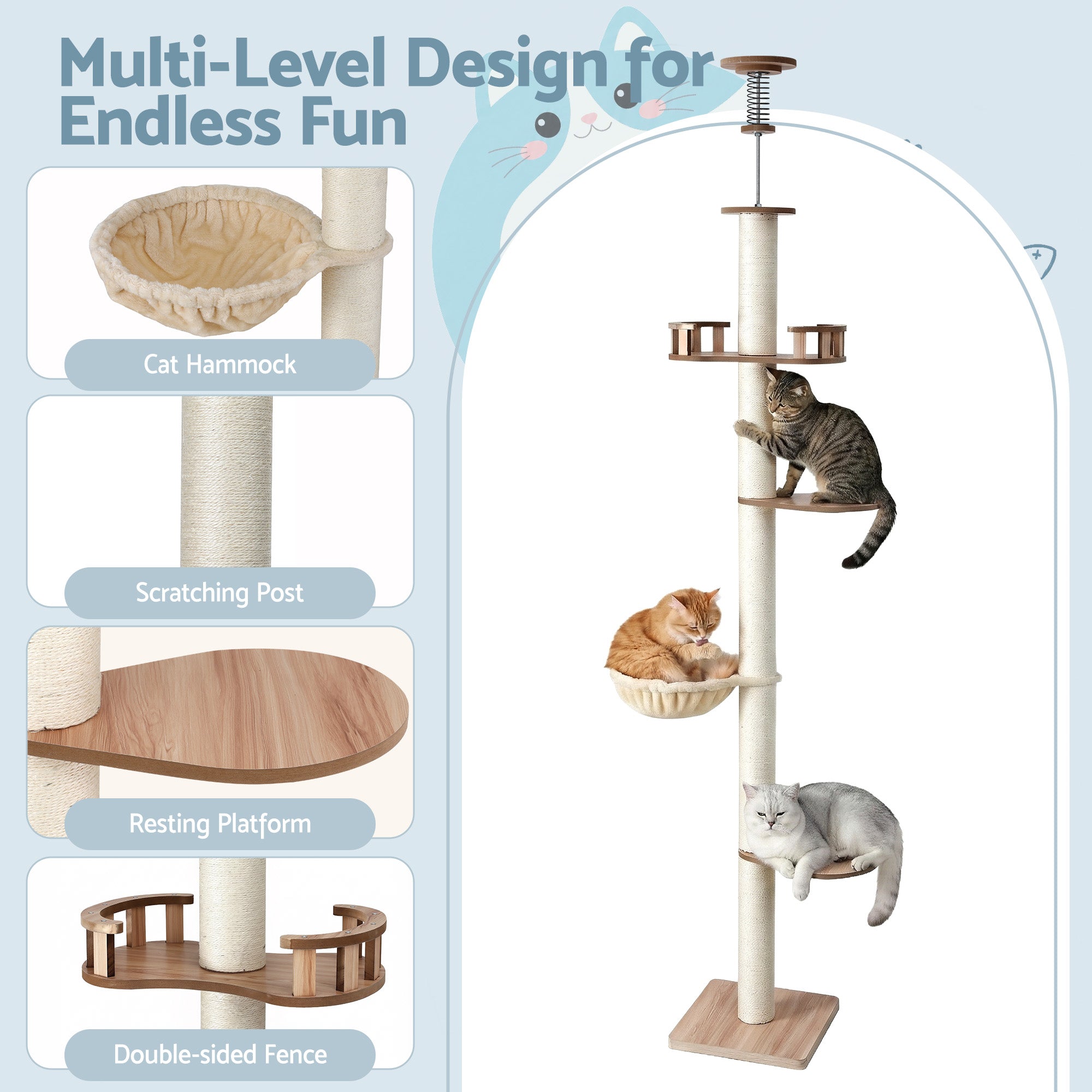 i.Pet Cat Tree Tower Floor to Ceiling Scratching Post 270cm Beige 6
