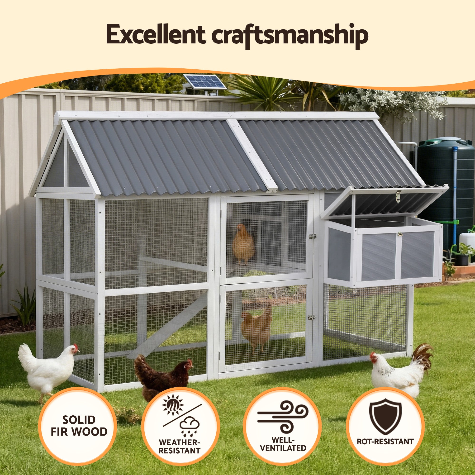 i.Pet Chicken Coop Large Outdoor Rabbit Hutch Chook House Hatch Box With Run Grey White 4