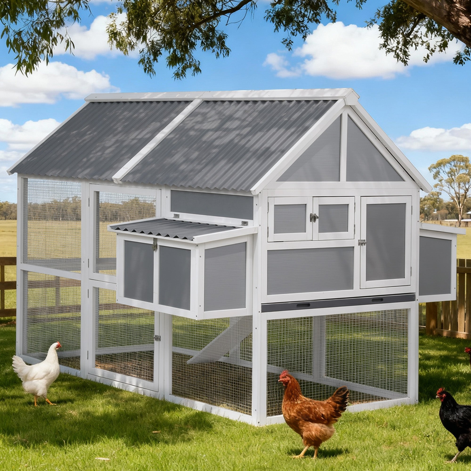 i.Pet Chicken Coop Large Outdoor Rabbit Hutch Chook House Hatch Box With Run Grey White 7
