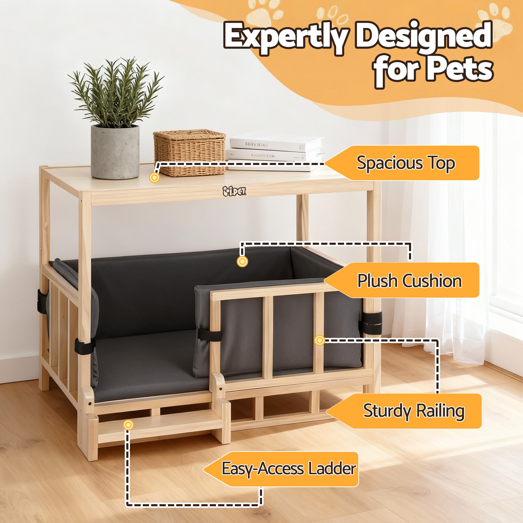 i.Pet 2in1 Dog Kennel Crate Furniture Grey Bedding Wooden House Indoor 5