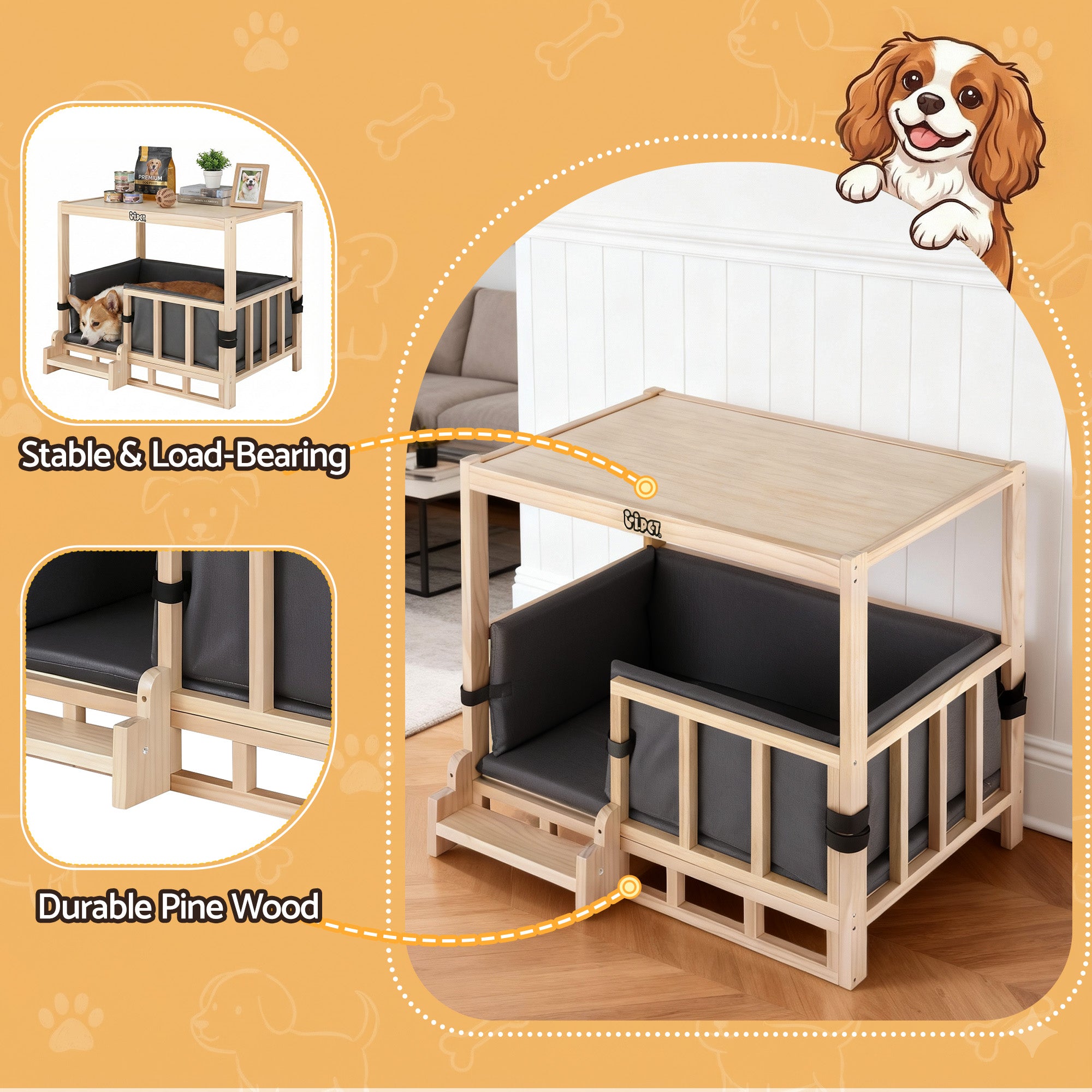 i.Pet 2in1 Dog Kennel Crate Furniture Grey Bedding Wooden House Indoor 7