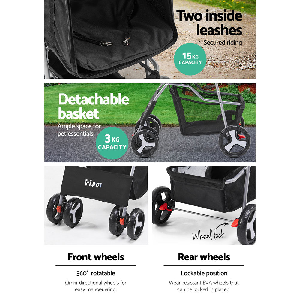 i.Pet 4 Wheel Pet Stroller - Black 6