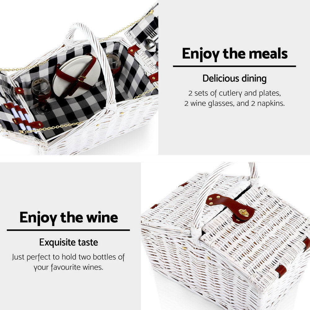 Alfresco 2 Person Picnic Basket Set Willow Vintage Baskets Insulated Blanket Bag 5