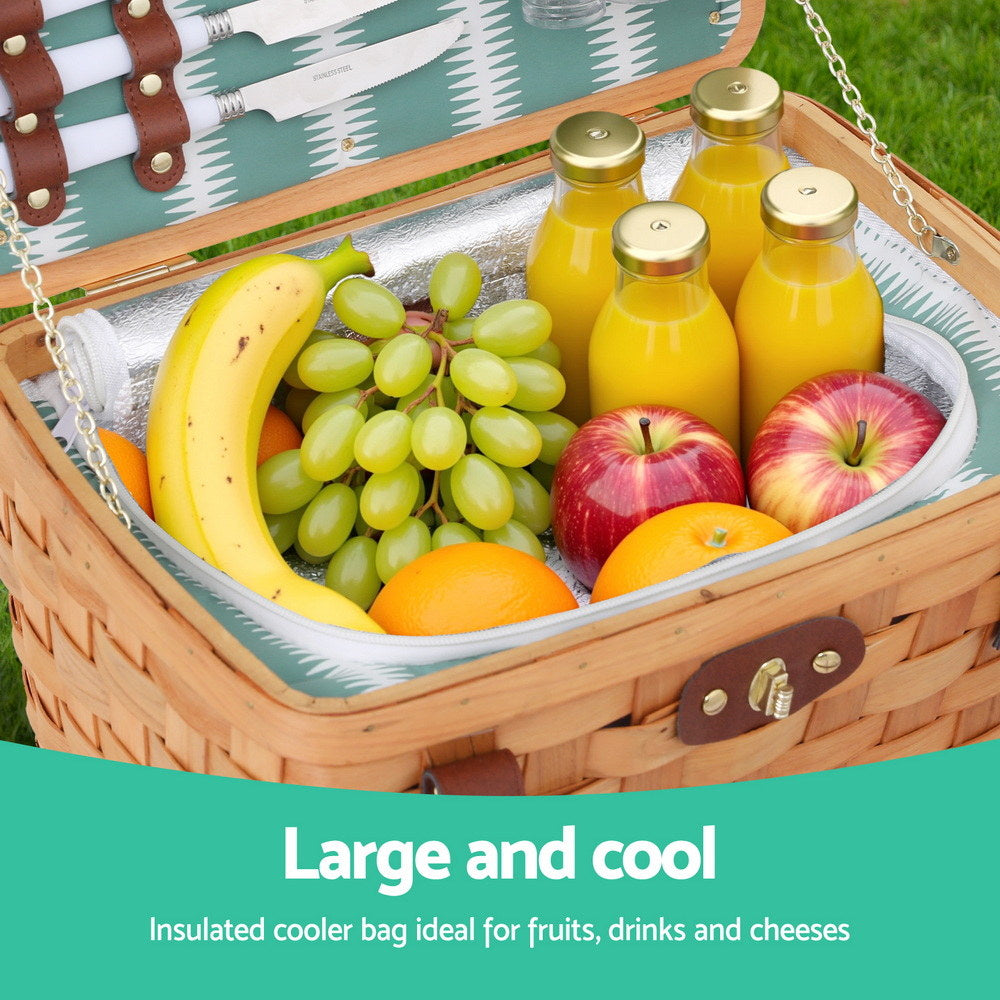 Alfresco 2 Person Picnic Basket Set Wooden Cooler Bag Plates Outdoor Insulated 5