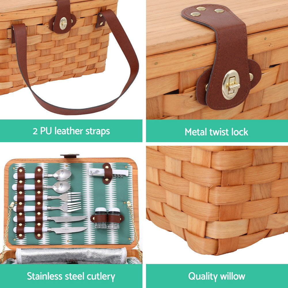 Alfresco 2 Person Picnic Basket Set Wooden Cooler Bag Plates Outdoor Insulated 6