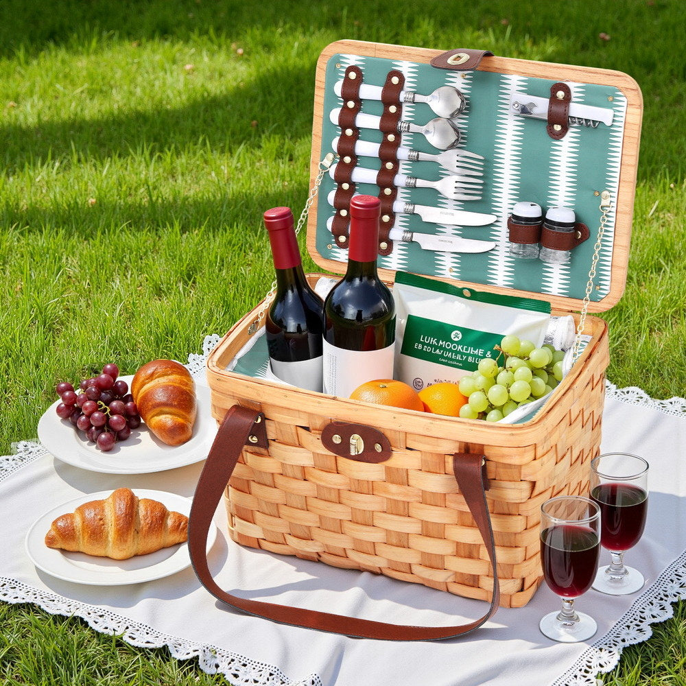 Alfresco 2 Person Picnic Basket Set Wooden Cooler Bag Plates Outdoor Insulated 7