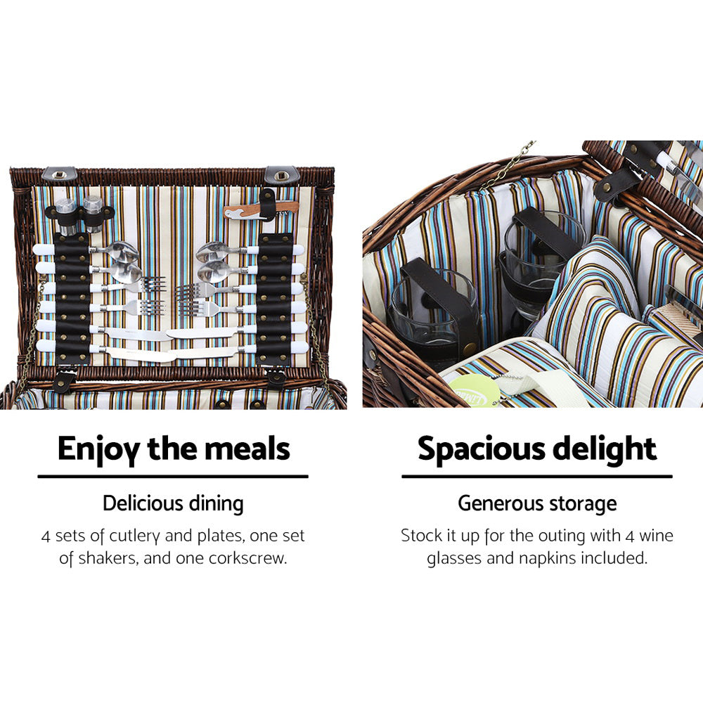 Alfresco 4 Person Picnic Basket Set Wooden Blanket Cooler Bag Outdoor Insulated 4