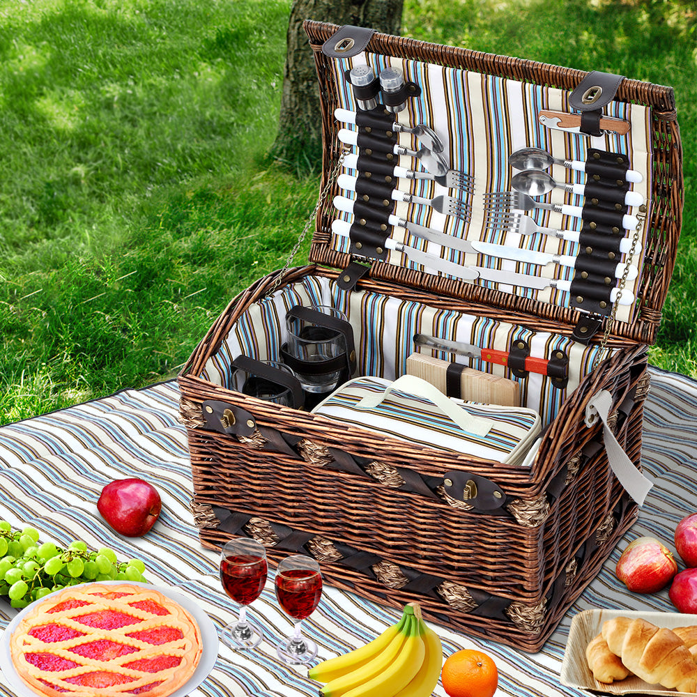 Alfresco 4 Person Picnic Basket Set Wooden Blanket Cooler Bag Outdoor Insulated 7