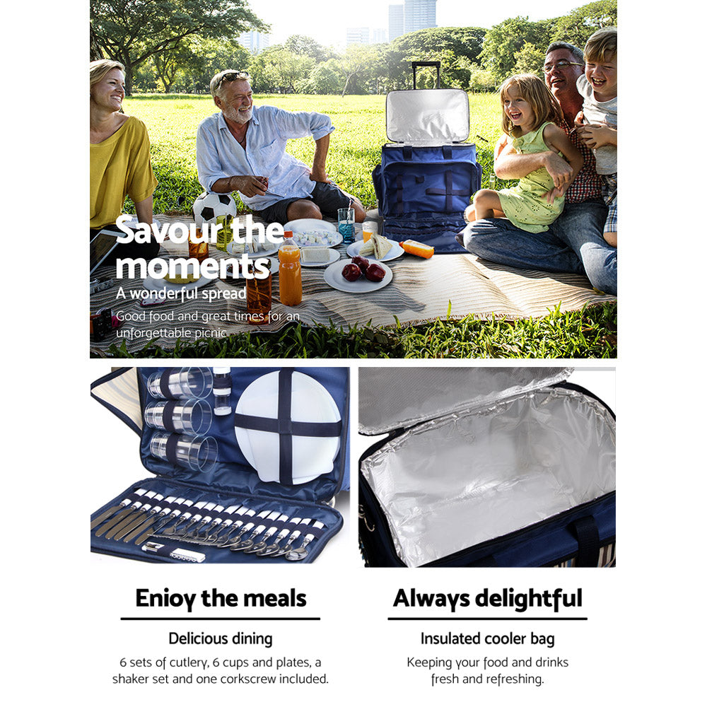 Alfresco 6 Person Picnic Basket Set Bag Wheels Insulated Trolley 5