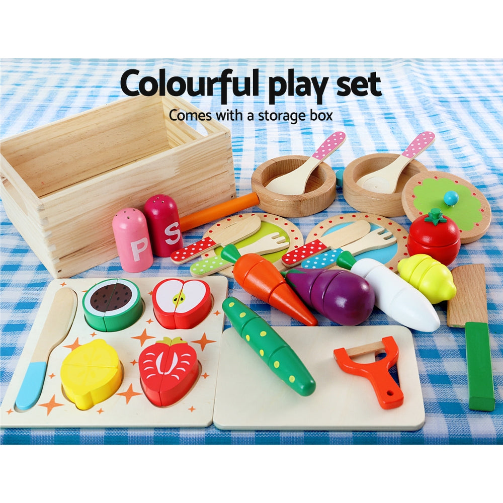 Keezi Kids Kitchen Play Set Wooden Pretend Toys Cooking Utensils Pots Pans Food 4