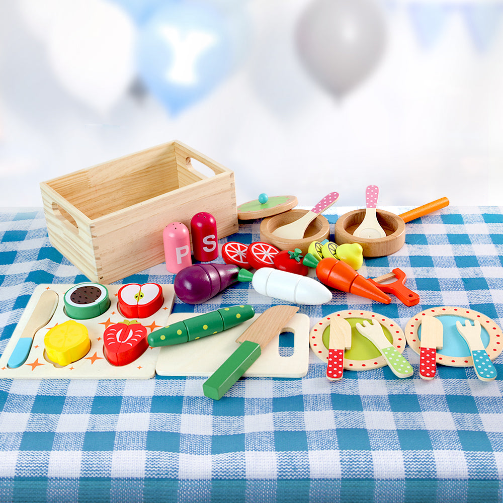 Keezi Kids Kitchen Play Set Wooden Pretend Toys Cooking Utensils Pots Pans Food 8