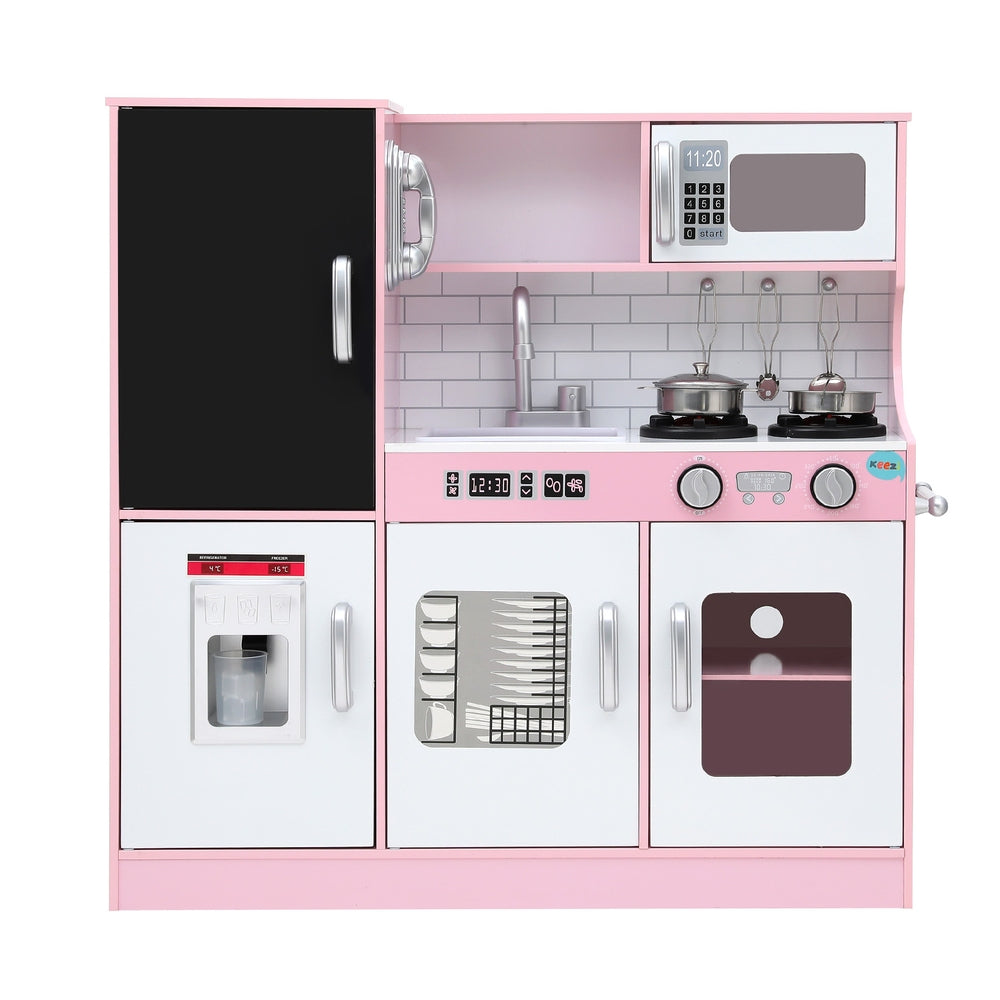 Keezi Kids Wooden Pretend Kitchen Play Set Cooking Toys Pot Ice Cup Oven Blackboard 80CM Pink 3