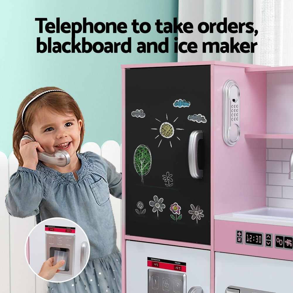Keezi Kids Wooden Pretend Kitchen Play Set Cooking Toys Pot Ice Cup Oven Blackboard 80CM Pink 4