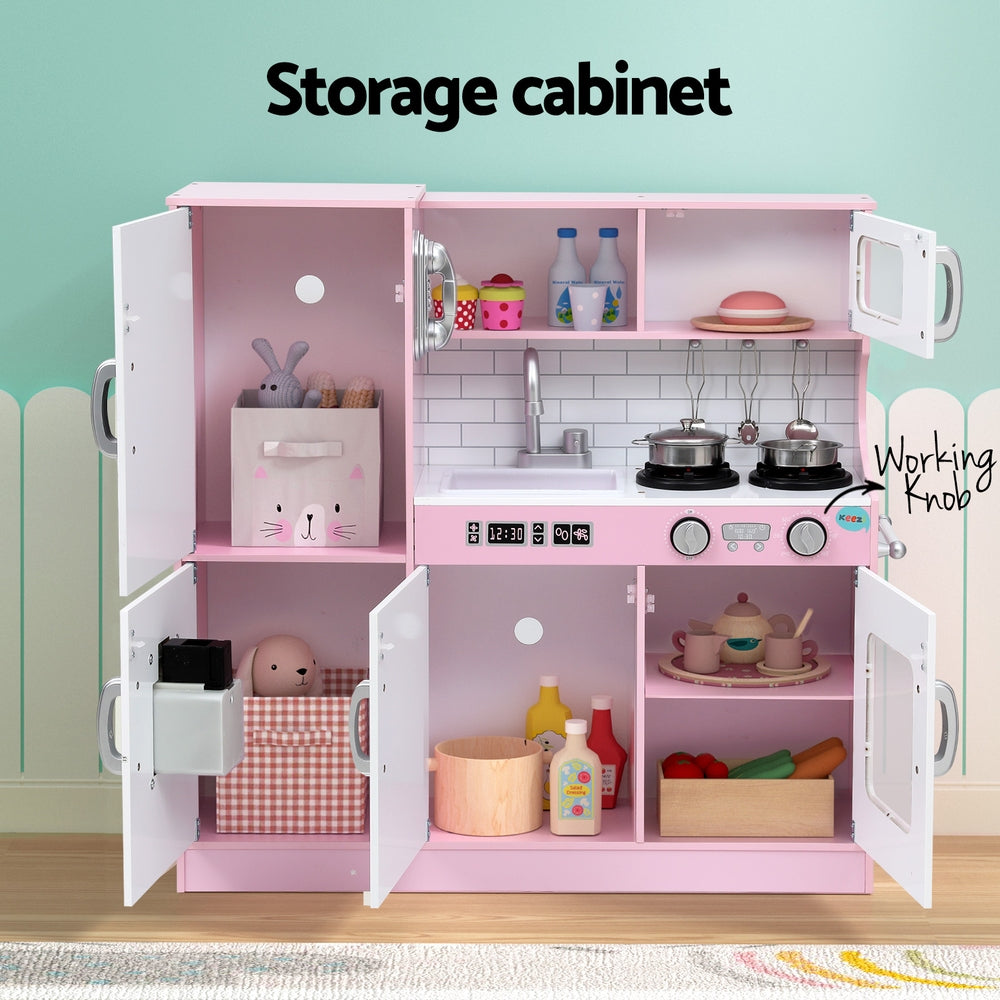 Keezi Kids Wooden Pretend Kitchen Play Set Cooking Toys Pot Ice Cup Oven Blackboard 80CM Pink 6