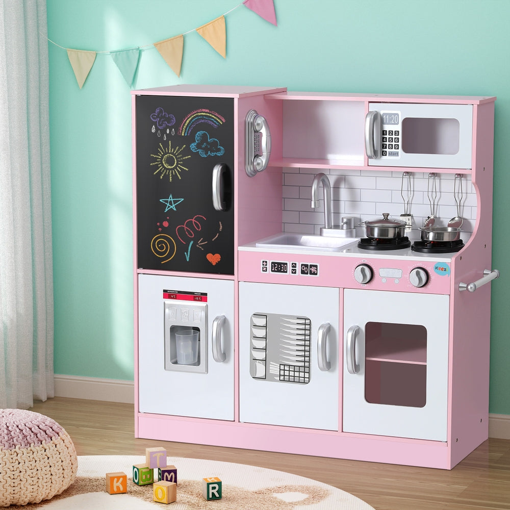 Keezi Kids Wooden Pretend Kitchen Play Set Cooking Toys Pot Ice Cup Oven Blackboard 80CM Pink 7