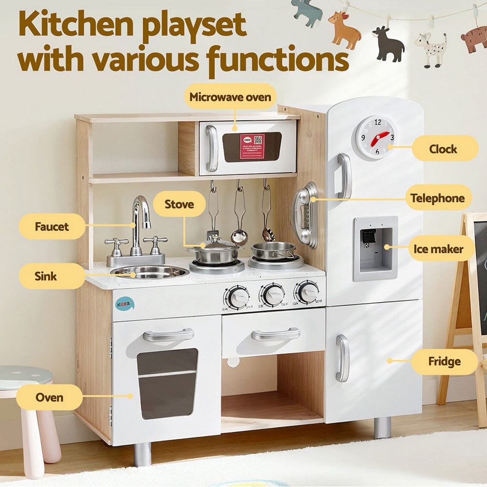 Keezi Kids Kitchen Play Set Wooden Pretend Toys Cooking Children Clock Beige 5