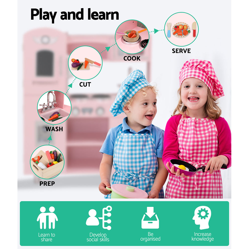 Keezi Kids Kitchen Play Set Wooden Pretend Toys Cooking Children Storage Pink 3