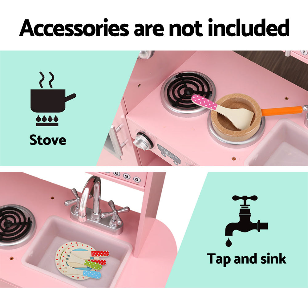 Keezi Kids Kitchen Play Set Wooden Pretend Toys Cooking Children Storage Pink 5