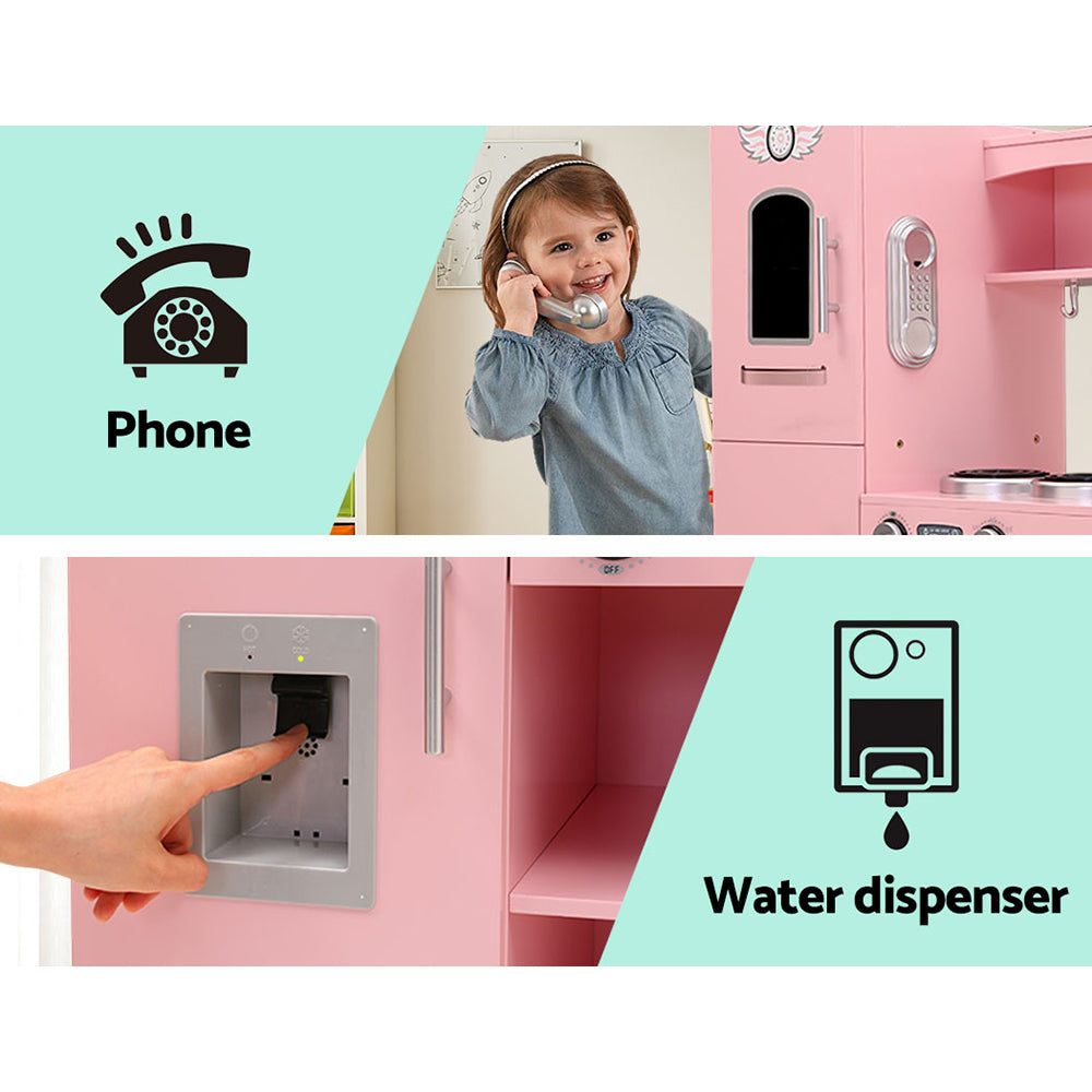 Keezi Kids Kitchen Play Set Wooden Pretend Toys Cooking Children Storage Pink 6