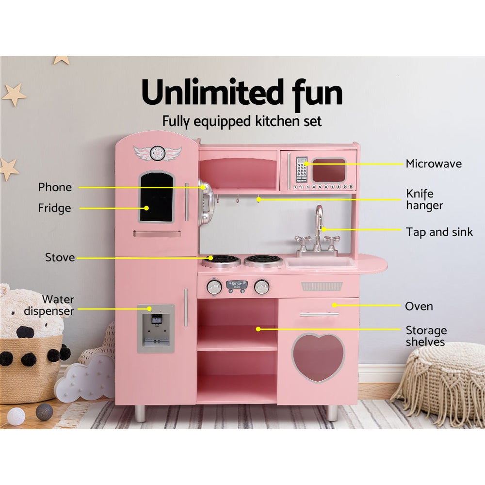 Keezi Kids Kitchen Play Set Wooden Pretend Toys Cooking Children Food Pink 3