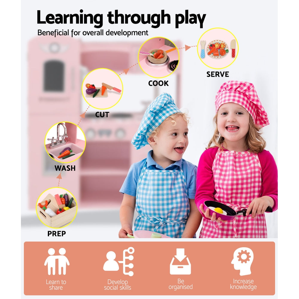 Keezi Kids Kitchen Play Set Wooden Pretend Toys Cooking Children Food Pink 4
