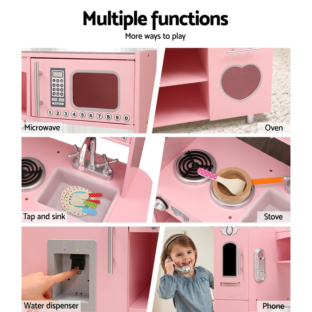 Keezi Kids Kitchen Play Set Wooden Pretend Toys Cooking Children Food Pink 5