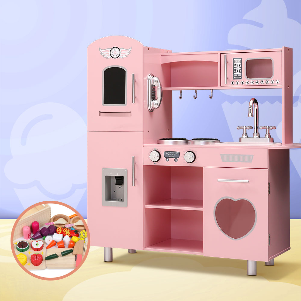 Keezi Kids Kitchen Play Set Wooden Pretend Toys Cooking Children Food Pink 7