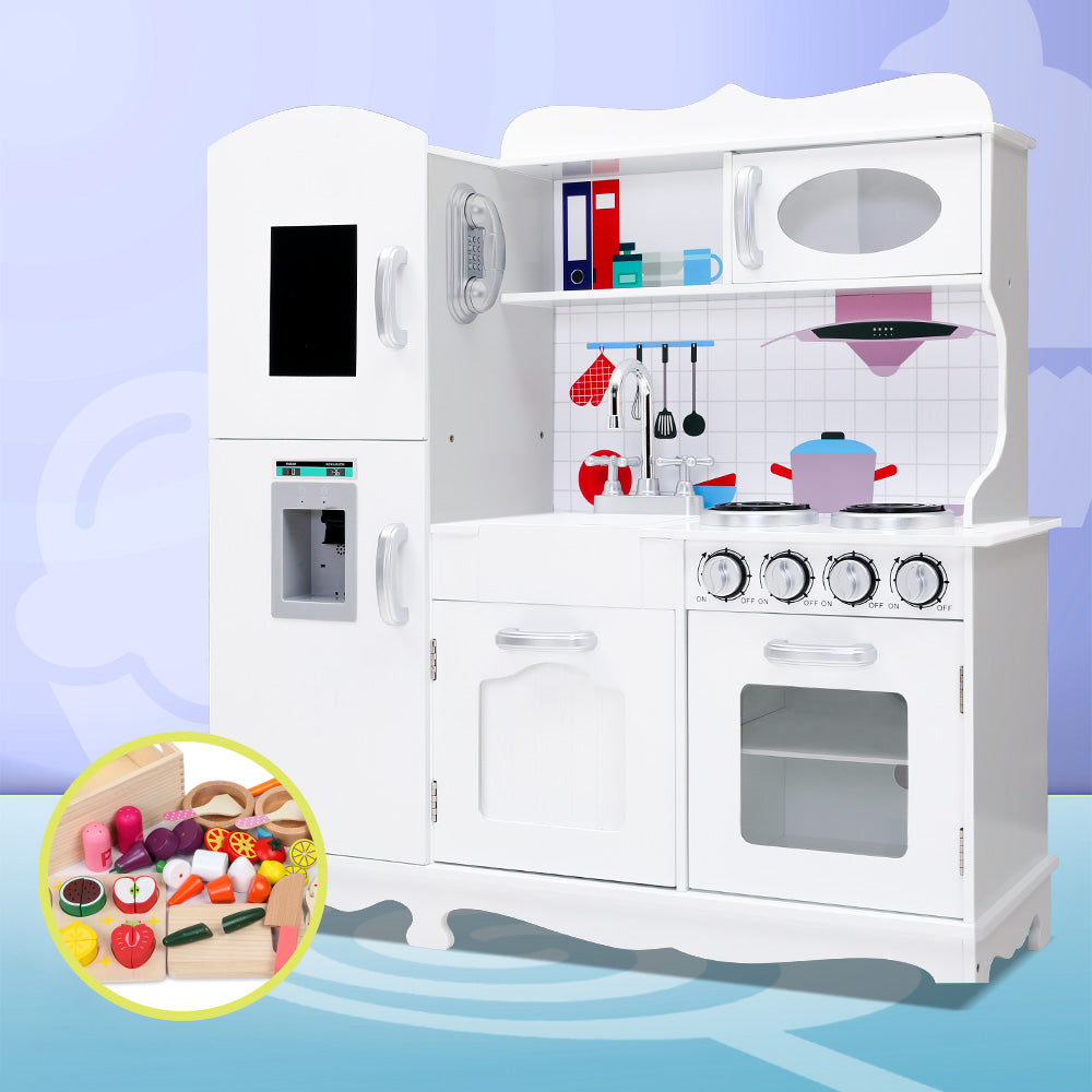 Keezi Kids Kitchen Play Set Wooden Pretend Toys Cooking Children Food White 7