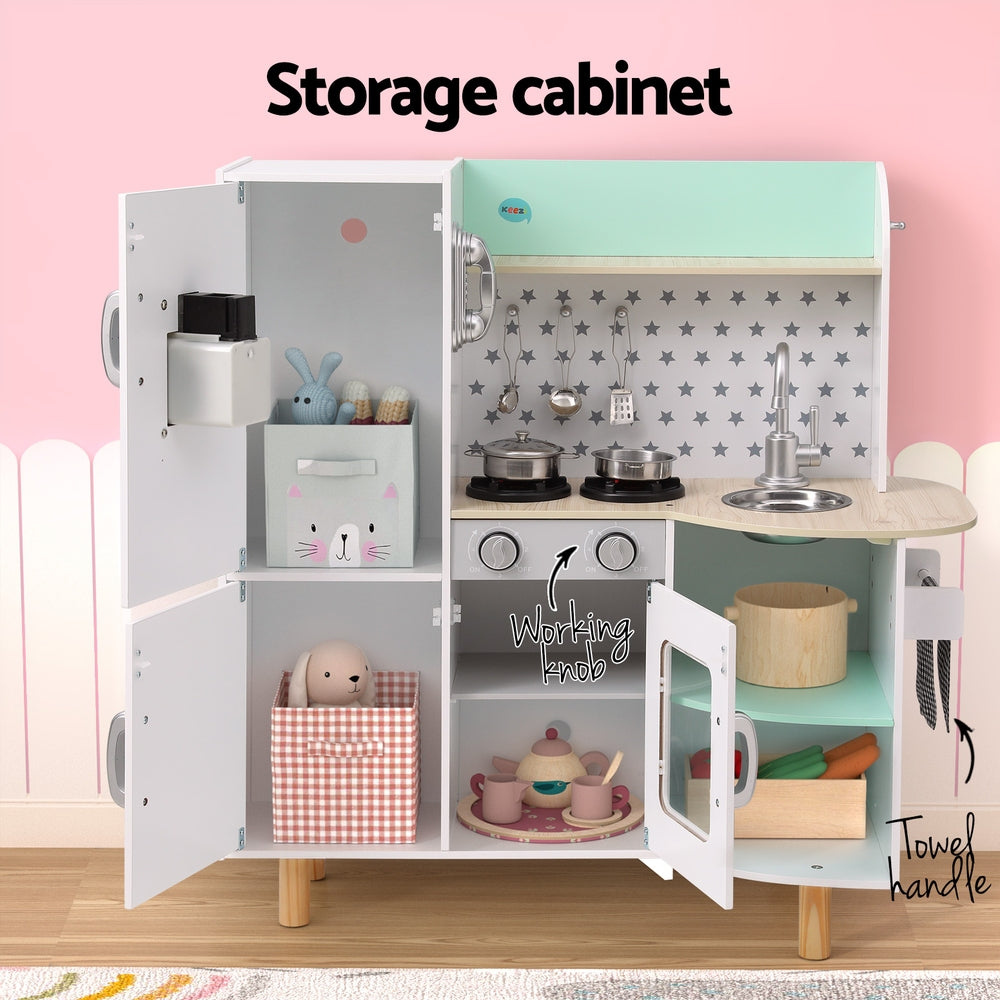 Keezi Kids Wooden Pretend Kitchen Play Sets Cooking Toys Oven Fridge 85CM Green 6