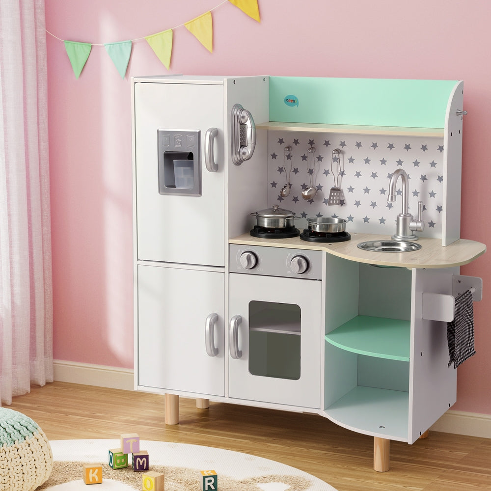 Keezi Kids Wooden Pretend Kitchen Play Sets Cooking Toys Oven Fridge 85CM Green 7