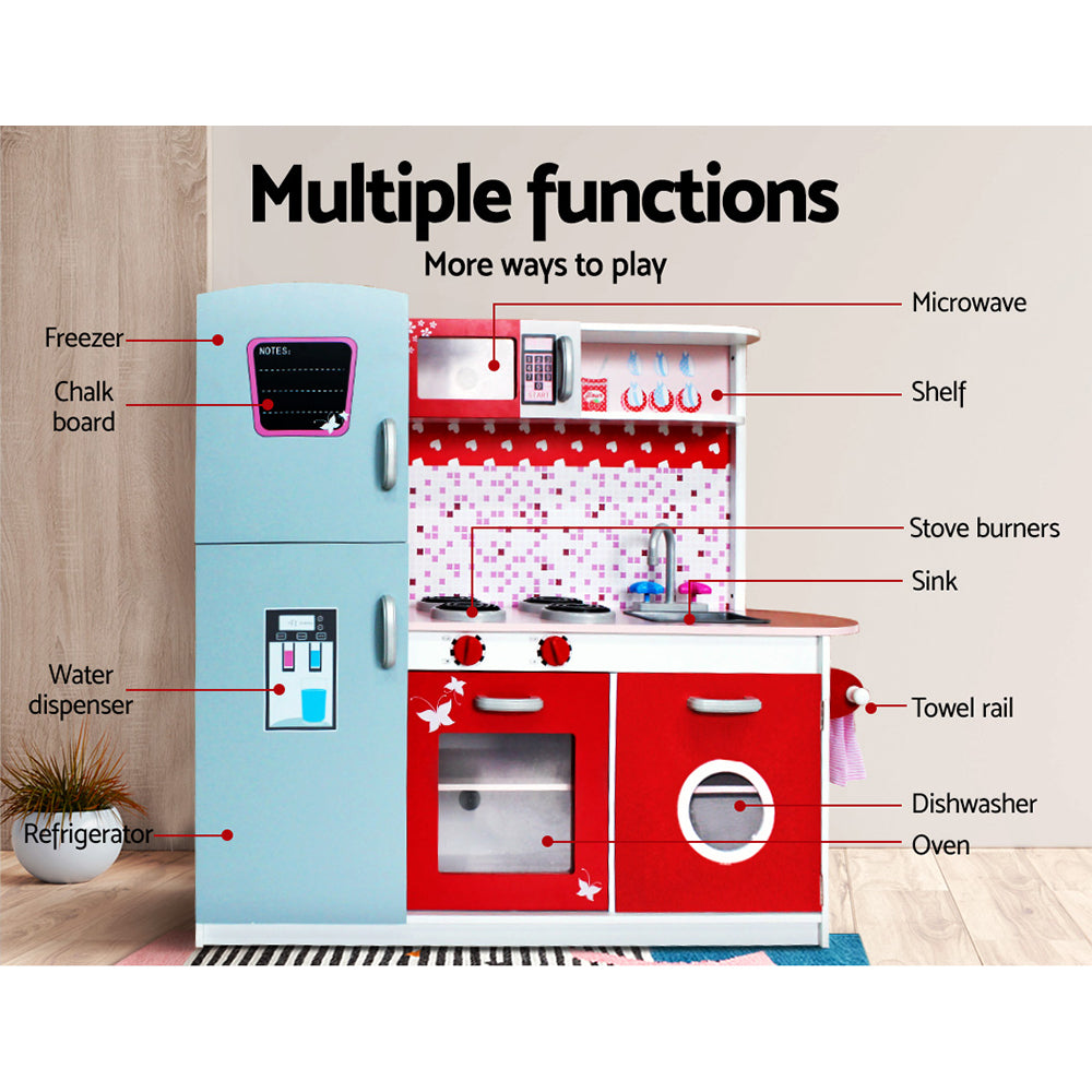 Keezi Kids Kitchen Play Set Wooden Pretend Toys Cooking Children Fridge Oven Red 3