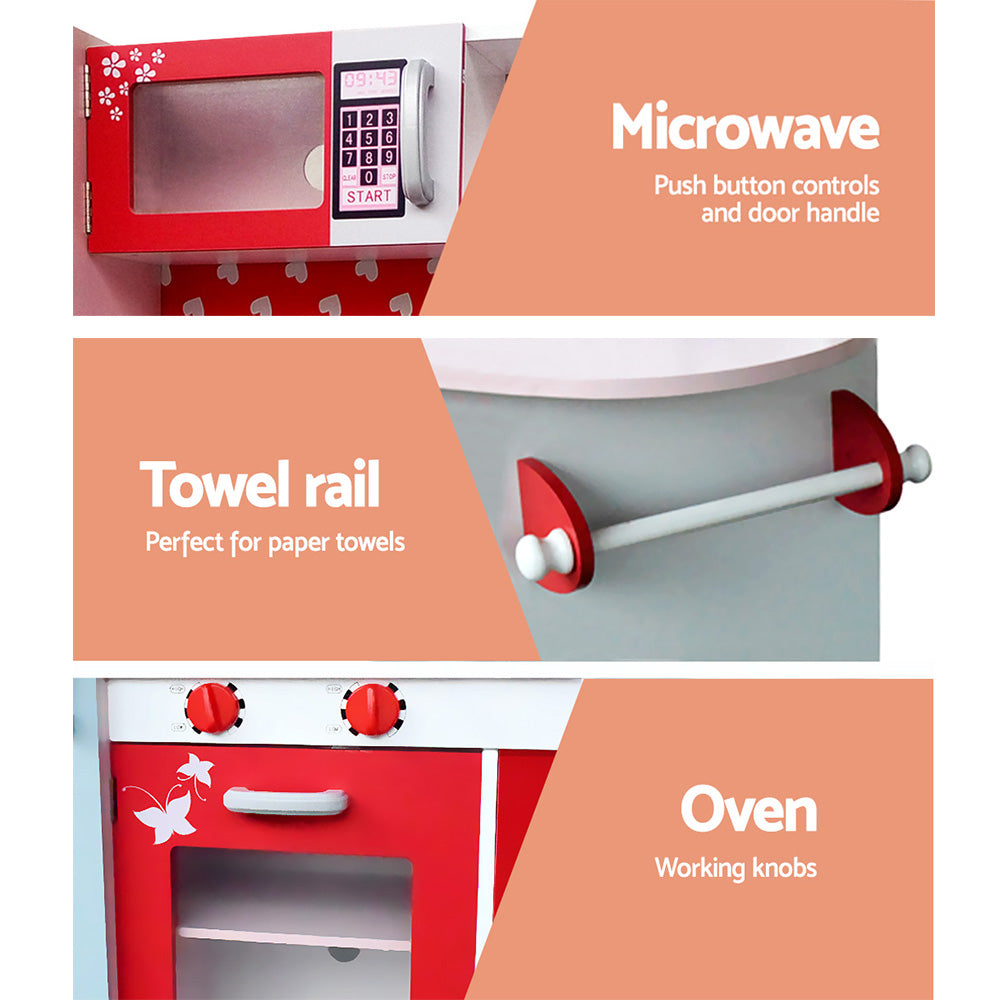 Keezi Kids Kitchen Play Set Wooden Pretend Toys Cooking Children Fridge Oven Red 5