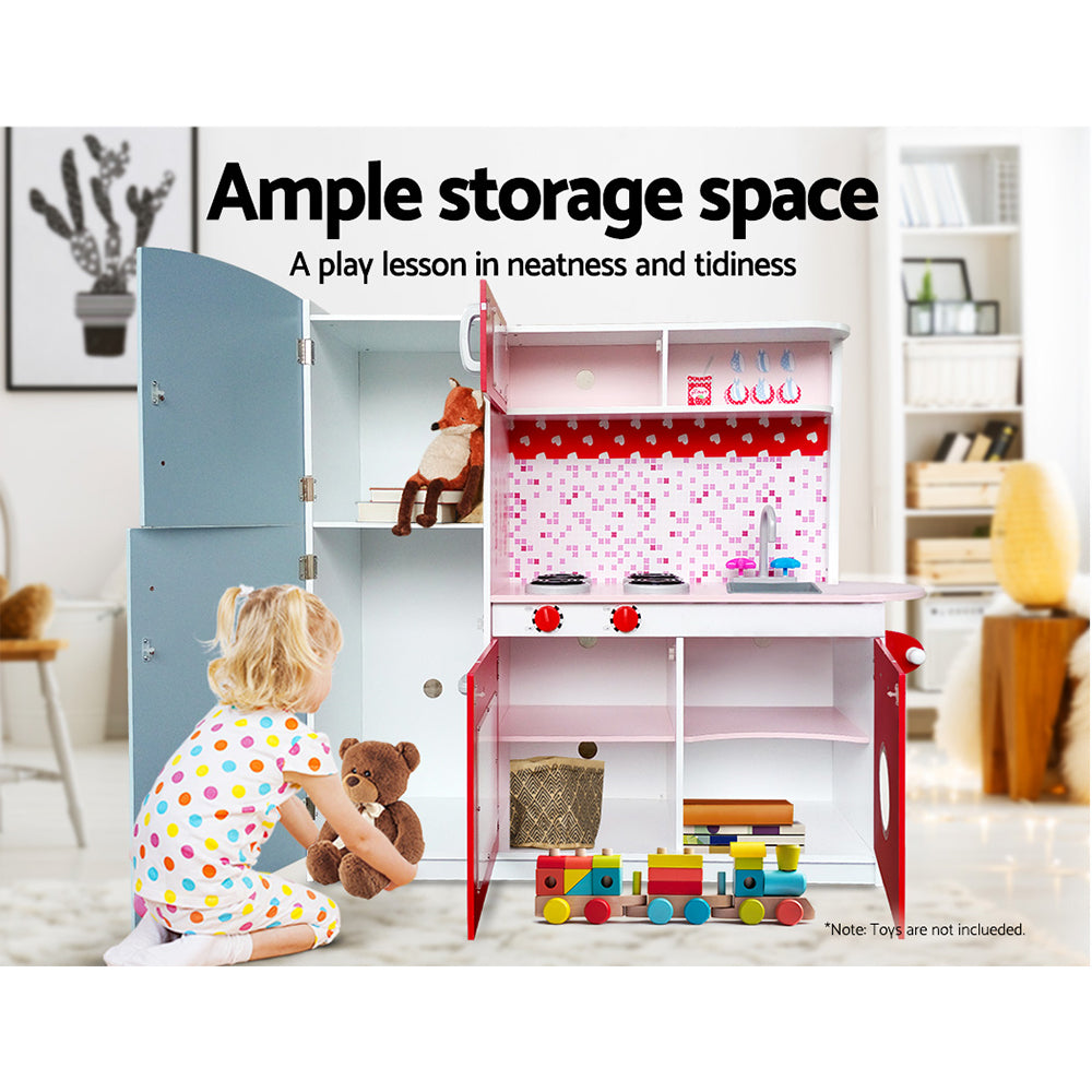 Keezi Kids Kitchen Play Set Wooden Pretend Toys Cooking Children Fridge Oven Red 6
