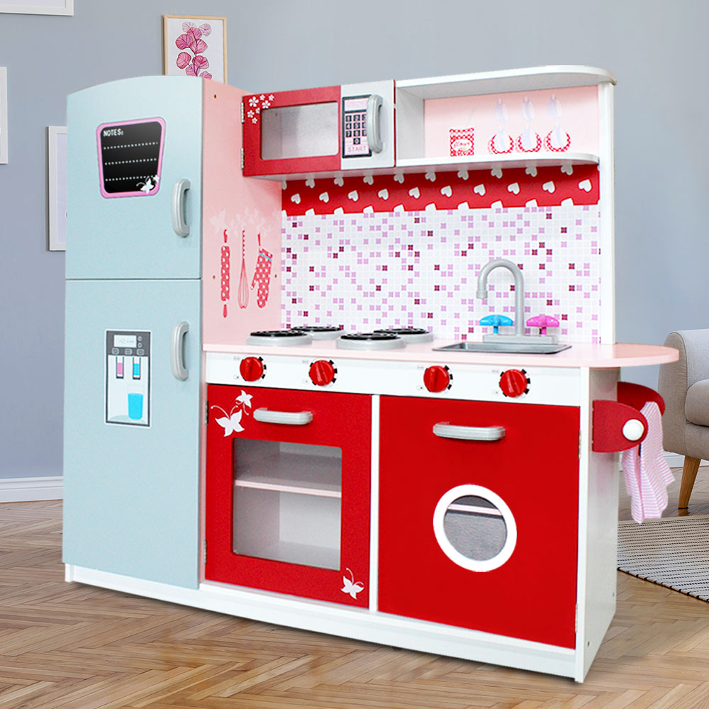 Keezi Kids Kitchen Play Set Wooden Pretend Toys Cooking Children Fridge Oven Red 8