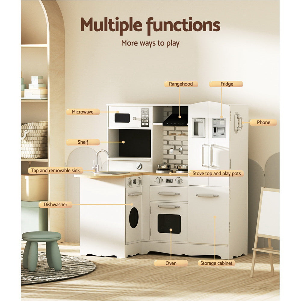 Keezi Kids Kitchen Play Set Wooden Pretend Toys Cooking Children Fridge White 5