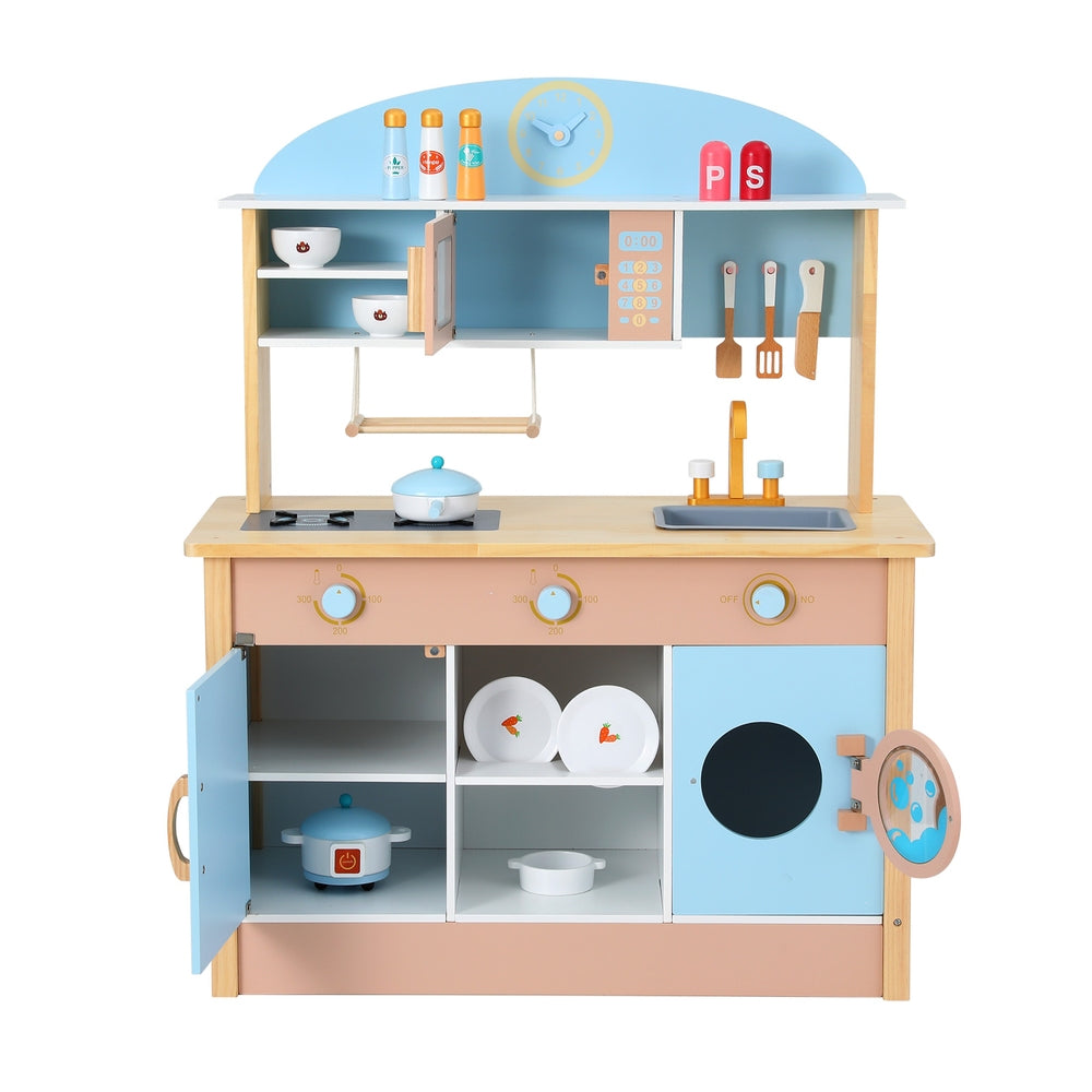 Keezi Kids Wooden Pretend Kitchen Play Sets Cooking Toys Pot Pan Bowls Oven Dishwasher 80CM Blue 3