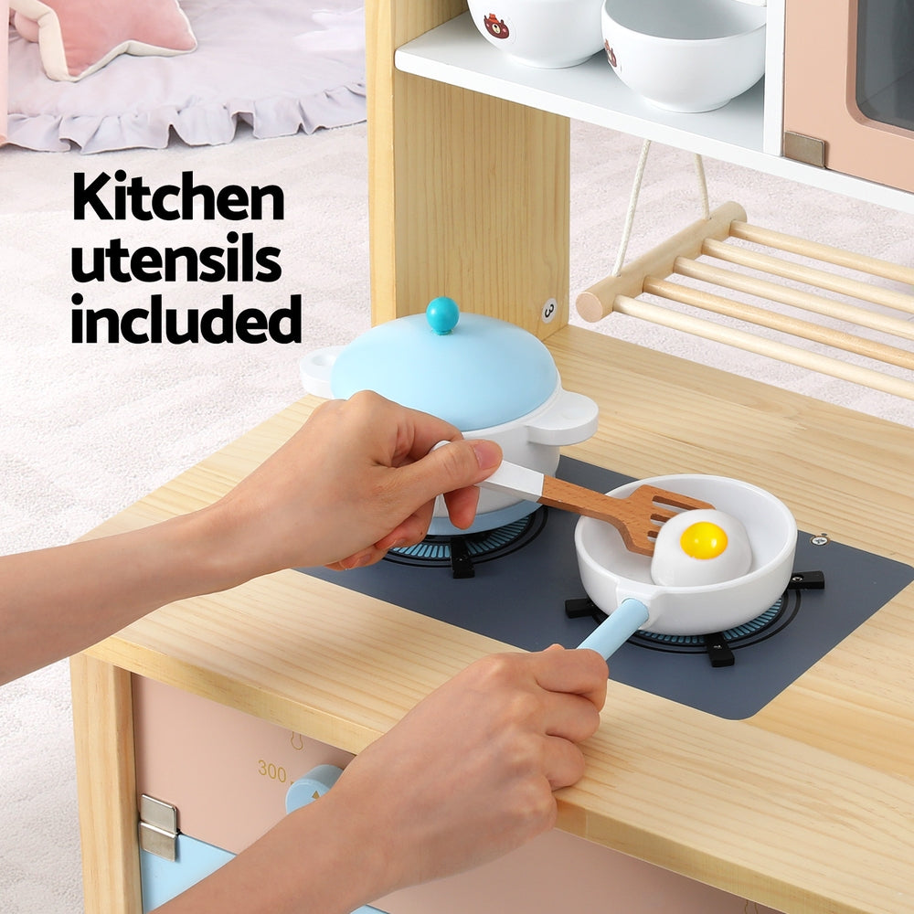 Keezi Kids Wooden Pretend Kitchen Play Sets Cooking Toys Pot Pan Bowls Oven Dishwasher 80CM Blue 4