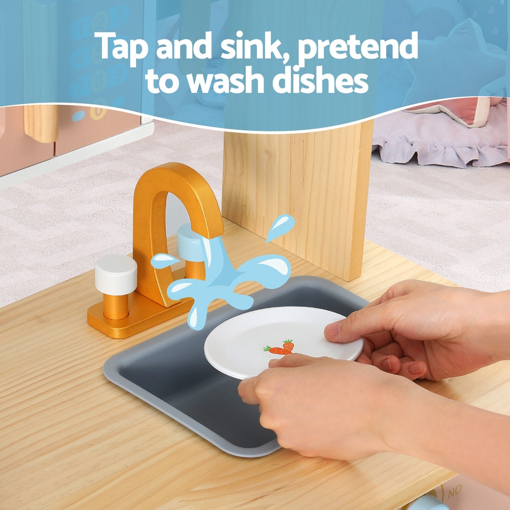 Keezi Kids Wooden Pretend Kitchen Play Sets Cooking Toys Pot Pan Bowls Oven Dishwasher 80CM Blue 5
