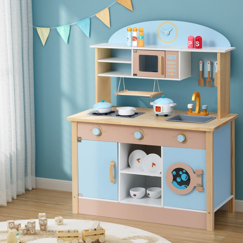 Keezi Kids Wooden Pretend Kitchen Play Sets Cooking Toys Pot Pan Bowls Oven Dishwasher 80CM Blue 7